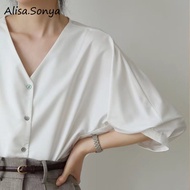 Alisa.sonya เสื้อผู้หญิงคอวีสีขาวแขนโคมไฟเจ็ดจุดเสื้อเสื้ออาชีพเดินทาง