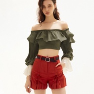 Closet Crush Off shoulder crop top with long sleeves (Olive) เสื้อครอปแขนยาวเปิดไหล่มีระบาย