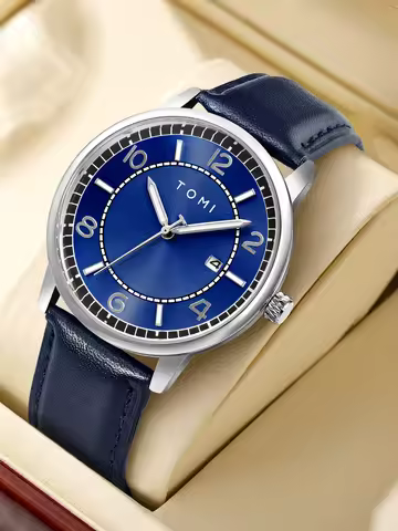 TOMI Simple men's watch business leisure quartz watch round leather strap calendar watch men's wrist