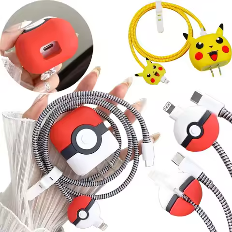 4Pcs/Set Pokemon Poke Ball Charger Case for IPhone 18W/20W Charger Case Phone Wire Cord Rganizers Ca