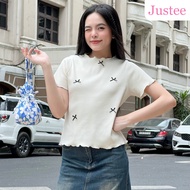 Justee Ruffled Baby Tee T-shirt with Cute Multicolored Bow for Women