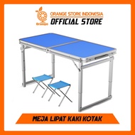 ORANGE Meja Lipat Koper Portable Kaki Kotak + 2 Kursi - Meja Lipat Portable Serbaguna 60 x 120cm