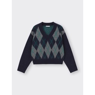 Puffy Touch Argyle V Neck Short Sweater