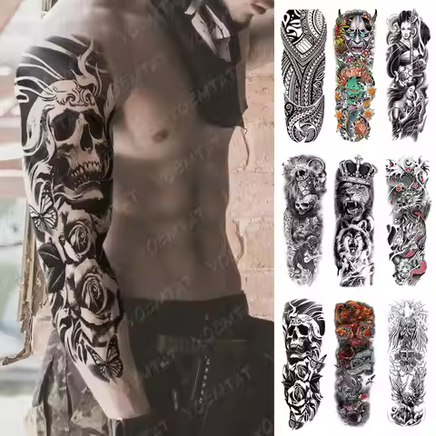 Large Full Arm Sleeve Waterproof Temporary Tattoo Sticker Skul Dragon Snake Lion Wolf Tiger Prajna F