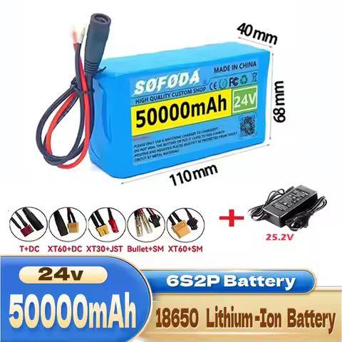 24V 50Ah 18650 Lithium Battery Pack - 6S2P 50000mAh Rechargeable Li-ion Battery with Fast Charger, S