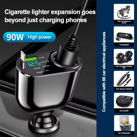 4 in 1 Retractable Car Charger with Voltage Display Cigarette Lighter PD QC 3.0 96W Super Fast Charg