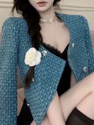 小香風藍色方領粗花外套氣質短款雙排扣開衫上衣