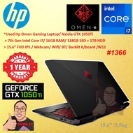 #1366 *Used /Hp Omen Gaming Laptop 7TH Intel Core I7 16GB 128GB 1TB HDD W11 NVIDIA GTX1050 Ti 3D GRAPHIC 1 YEAR WARRA