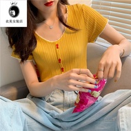 短袖 性感 上衣女韓版 ins 潮 韓版 修身上衣 短款小心机露脐针织T恤女夏季2025新款韩版修身俏皮短袖性感上衣 Short Short Style Careful Machine Navel C