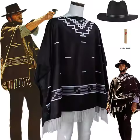 Clint Eastwood Poncho Cowboy Movie Cosplay RDR2 Serape Aztec Pattern Men Black Fringed Shawl Cloak H