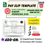 Payslip Template + Overtime + Unpaid Leave Trackers, Auto-fill EPF, SOCSO, Payroll template, Excel.