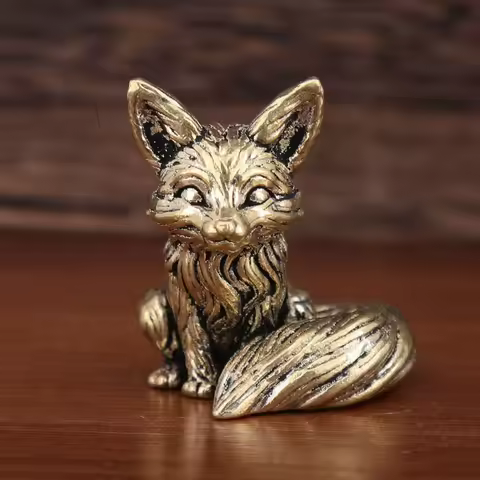 Brass Fox Statue Cute Fox Miniature Figurines Desk Ornament Decorations Accessories Copper Animal Sc