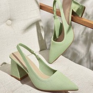 Fashionable Olive Green Fabric Backstrap Thick Heel Pointed Toe PU Leather Commuting Slingback Shoes
