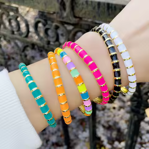 FLOLA Copper Stripe Colorful Enamel Cuff Bangles For Women Gold Plated Geometric Open Bracelet Whole