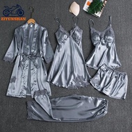 Ziyunshan 5PC Silk Robe Sleep Suit - Lace Satin Women's Nightwear