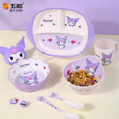 For Sanrio Tableware for Kids Food Grade Dinner Plate& Bowl＆Spoon Cartoon Kuromi Divider Plates Cute