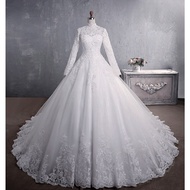 ♛✕ Muslimah Luxurious Custom Size White Beige Lace Train Tail Long Sleeve Bride Wedding Dress Maxi B