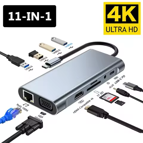 USB Type C Hub 11 in 1 Type-C to 4K HDMI-compatible VGA Adapter RJ45 Lan Ethernet SD TF PD 3.5mm Aud