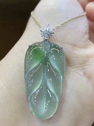 翡翠葉子吊墜冰種項鍊女陽綠緬甸天然A貨18K金鑲嵌綠色