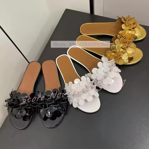 Sequined Slides Round Toe Flats Slippers Women Casual Sweet Flower Designer Outside Comfy Shoes Fash