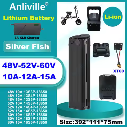 48V 52V 60V Silver Fish 10Ah 12Ah 15Ah 18650 Lithium ion Battery Pack for 2000W Folding Electric Sco