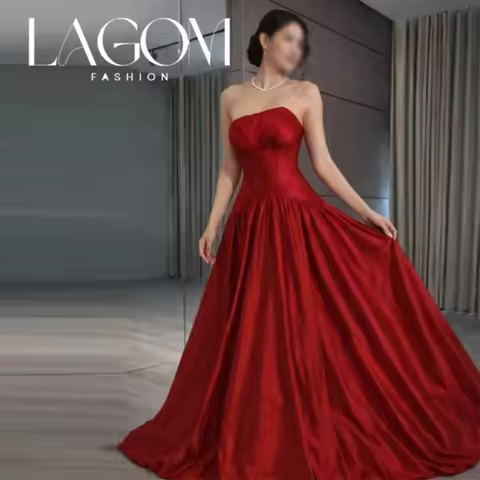 Lagom Modern New Red Evening Gown Dress Satin Pleat Strapless Formal Party Dress Special Floor-Lengt