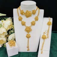 4pcs Gold-Plated Floral Tassel Pendant Necklace Jewelry Set (Necklace, Earrings, Bracelet, Ring) - S