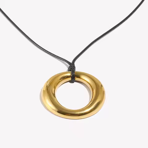 E.B.belle O-shaped Circular Pendant with Black Rope necklace 18K Gold Plated Decoration 316L Stainle