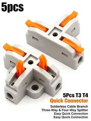 5Pcs T3 T4 Quick Connector T Clips Three-Way & Four-Way Splitter Cable Branch Terminals Solderless E