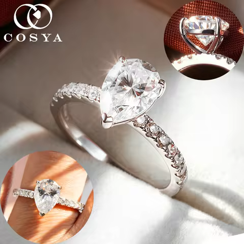 COSYA 2CT 7*10mm Pear Cut Moissanite Ring for Women 100% S925 Silver Certified Waterdrop Diamond Wed