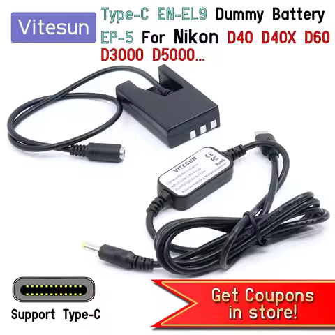 Vitesun USB Type C Power Adapter Charger Cable + EN-EL9 Dummy Battery EP-5 for Nikon D40 D40X D60 D3