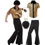 5 PCS Men's 70s Disco Outfit Costume Retro 80s Bell Bottom Pants short Sleeve Shirts