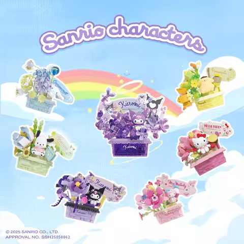 Sanrio Flower Basket Potted Building Blocks Hello Kitty Kuromi Bonsai Model Bricks Desktop Ornaments