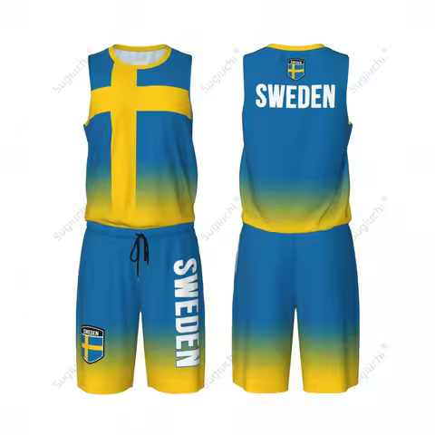 Men Sweden Flag Basketball Jersey Set Mesh Shirt & Pants Sleeveless Exclusive Team-up Custom Name Nu