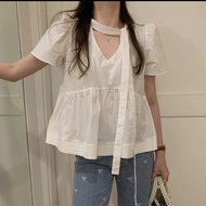 75313 V-Neck Tie Loose Sweet Short-Sleeved Shirt