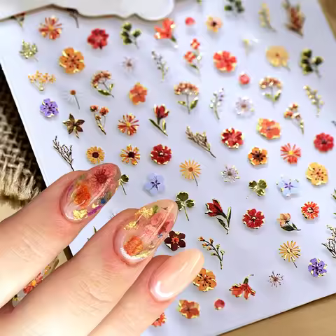 1pcs Gold Foil Dried Flower Nail Art Stickers Gilded Mini Wildflowers Colorful Nail Decals Slider Se