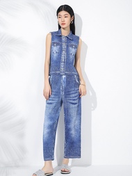 Womens Fashion Casual Pleated Suit New Denim Square Collar Vest + Straight Pants Two-piece Suit