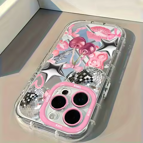 Cherry Bow Lip Print Mirror Phone Case For iPhone 17 Pro Max 16 15 14 13 12 11 Pro Max 7 8 Plus XR X