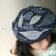 牛仔貼布手工繡花羊毛貝雷帽 香港設計製造手作 Wool Beret with Denim Applique and Hand Embroidery