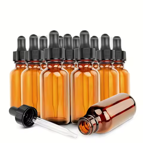 12Pcs 5ml- 50ml Empty Dropper Bottle Refillable Amber Glass Pipette Bottles for Essential Oil Aromat
