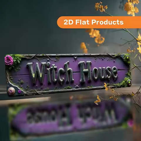 2D Flat, Vintage "Witch House" Aluminum Sign - 10x40cm/3.9x15.7in Rustic Wall Decor with Ornate Bord