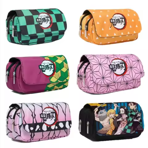 Anime Demon Slayer Pencil Case Student bilayer Storage Bag Tanjirou Nezuko Zenitsu Giyuu Cartoon Pen
