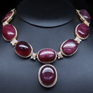 สร้อยคอพลอยแท้ ทับทิม สีแดง 24 x 29 mm. หลังเบี้ย ล้อม เพทายขาว เงินแท้ 925 ชุบทอง 18k
