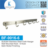 Sinor BF-9016-6 SUS 304 Stainless Steel Wall-Mount Clothes Hanger 6 Hook Multipurpose Solid Clothes 