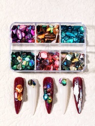 貝殼指甲藝術3d指甲彩鑽盒,6格天然貝殼片,不規則鮑魚暗色小碎石設計,為女士沙龍提供uv凝膠diy指甲藝術配件