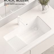Ceramic Undercounter Sink Balcony Side Drainage Laundry Sink with Washboard Single Sink