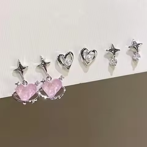 6Pcs/Set Heart Stud Earrings Women's Personality Korean Fashion Y2K Pink Crystal Temperament Star Ea