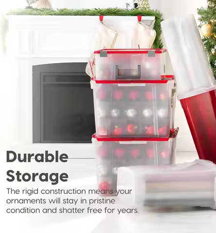 Ornament Storage Box with Attached Lid, Stores 75 Ornaments per Bin, 2-Pack, Stackable Durable Chris