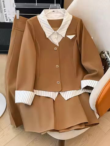 150Kg Plus Size Women's Bust 153 Autumn Loose Fake Two-Piece Jacket Retro Skirt College Style Two-Pi