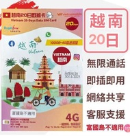 越南 - 越南【20日 100GB】4G *不限速*高速數據上網卡 旅行電話卡 Data Sim咭